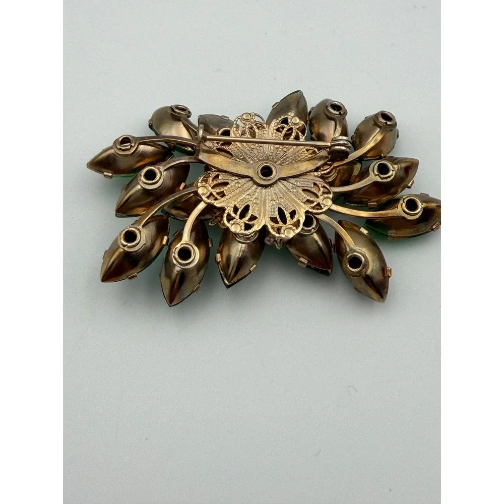 Vintage Green Rhinestone Brooch Gold Tone Emerald Peridot Floral Cluster Pin
